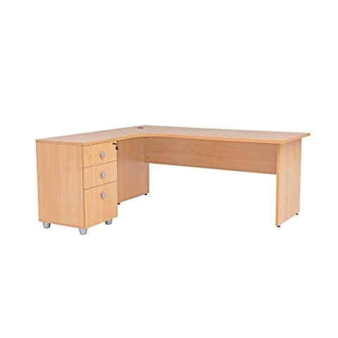 furni24 Schreibtisch Winkelschreibtisch, Eckschreibtisch, Moderner Bürotisch Computertisch mit großer Arbeitsfläche, Holzbeinen, Bürotisch, PC Tisch, Dona Buche inkl.Beistellcontainer Links gewinkelt
