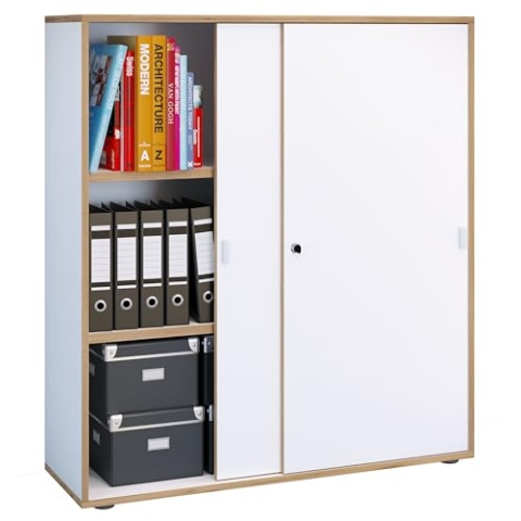 VCM Büroschrank mit 3 Fächern | moderner Aktenschrank mit Schiebetüren | Maße ca. H. 110 x B. 100 x T. 37 cm– Salia 3-Fach Weiß