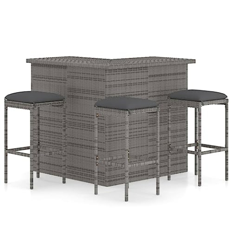 vidaXL Gartenbar Set 4-TLG. mit Kissen Theke Bar Tresen Gartentheke Bartisch Stehtisch Barhocker Barstuhl Gartenmöbel Poly Rattan Grau