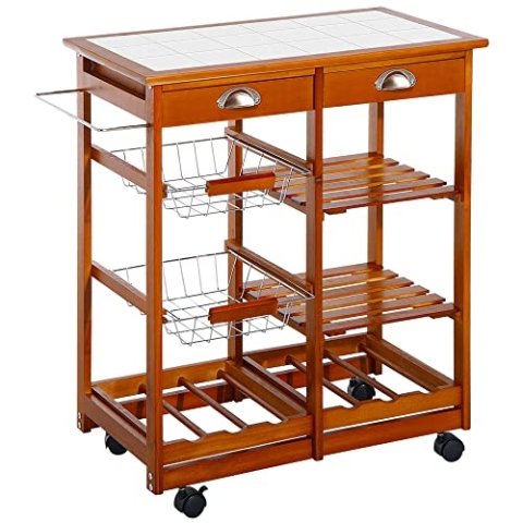 HOMCOM Servierwagen Rollwagen Küchenwagen Küchentrolley mit Keramik-Tischplatte und ausziehbaren Metallkörben Küchenrollwagen Beistellwagen Natur 74 x 37 x 76 cm