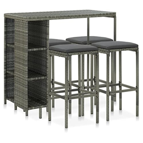 vidaXL Gartenbar Set 5-TLG. mit Kissen Theke Bar Tresen Gartentheke Bartisch Stehtisch Barhocker Barstuhl Gartenmöbel Poly Rattan Grau