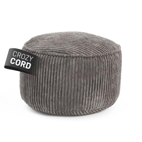 Lumaland Sitzsack Pouf aus Cord | Kompakter 50L Gaming Pouf mit 3-in-1-Funktion: bequemer Hocker, praktisches Tischchen & stylischer Indoor Fußschemel | Ø 25 x 45 cm [Grau]