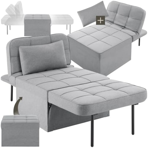 tectake® 4 in 1 gemütlicher Hocker mit Schlaffunktion, Sofa, Sessel oder Lounger, 6-Fach klappbar, als Couch, modulares Schlafsofa, Lesesessel, für Schlafzimmer, Jugendzimmer, Wohnzimmer - hellgrau