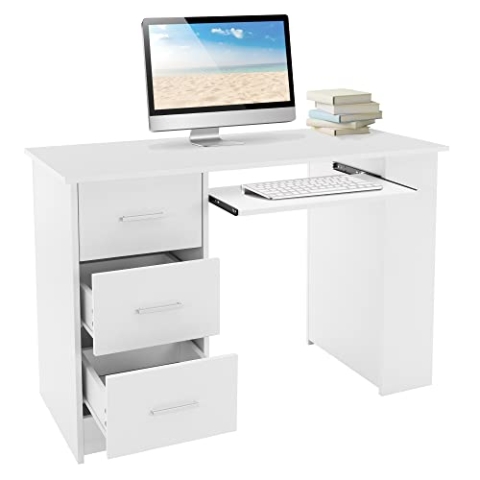 ML-Design Schreibtisch mit 3 Schubladen, 3 Regale und Tastaturauszug, 110x49x75 cm, Weiß, Stauraum, 3 Ablageflächen Arbeitstisch Bürotisch Büromöbel Computertisch Laptoptisch PC Tisch, für Heim/Büro