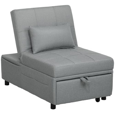 HOMCOM 3-in-1 Schlafsessel mit Bettfunktion, ausziehbares Schlafsofa, Schlafstuhl mit Seitentasche, Verstellbarer Rückenlehne, bis 150 kg belastbar, für Wohnzimmer,Schlafzimmer, Hellgrau