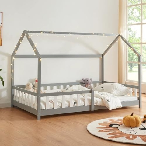 [en.casa] Kinderbett Hesel Hausbett Grau 120 x 200 cm mit Rausfallschutz und Lattenrost Bodenbett Jugendbett Holzbett