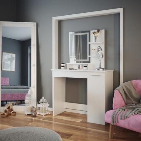 Vicco Schminktisch Julia, Kosmetiktisch mit Spiegel, Weiß, 90 cm mit LED-Spiegel