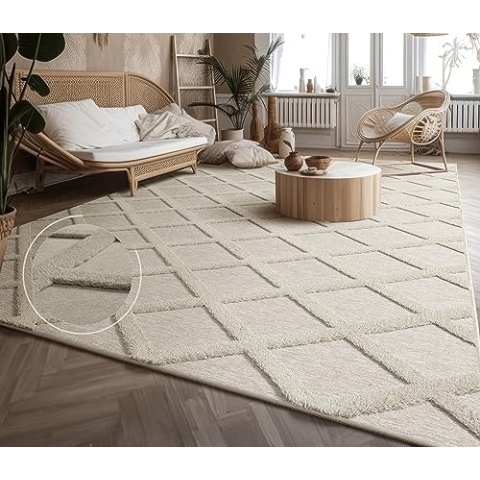 Paco Home Teppich Wohnzimmer Schlafzimmer Kurzflor Modernes Skandinavisches Muster Rauten Motiv Flauschig 3D Grau Anthrazit, Grösse:160x220 cm, Farbe:Creme
