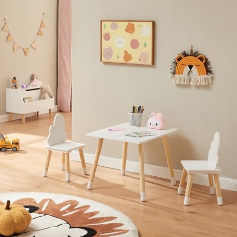 [en.casa] Kindertisch mit 2 Stühlen Hovle Spieltisch Kinderstühle mit Rückenlehne in Wolken-Form Kindersitzgruppe Kindermöbel Maltisch für Kinder Holz Weiß