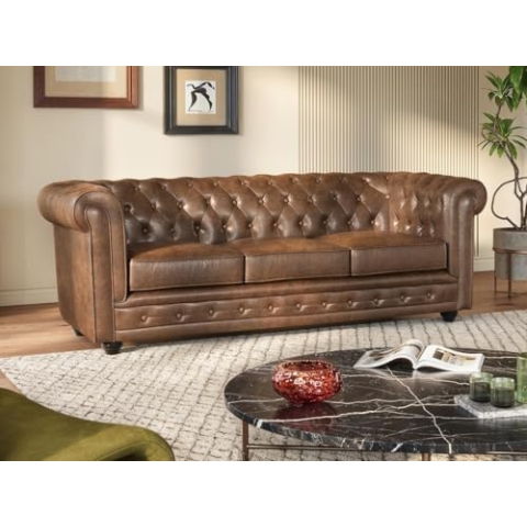 Vente-unique-Sofa 3-Sitzer - Microfaser - Vintage-Look - Chesterfield