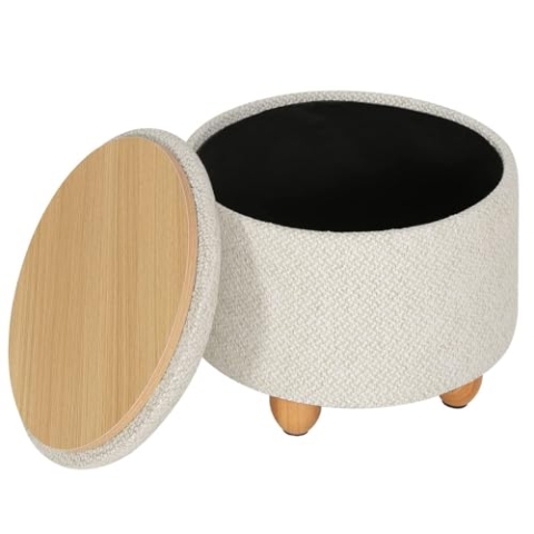 WOLTU Hocker mit Stauraum, Sitzhocker mit Stauraum, Couchtisch Runder Sitzhocker, Fußhocker mit Deckel, Gepolsterter Hocker mit Massivholzbeine, Leinenbezug, Ø39x33 cm, Cremeweiß