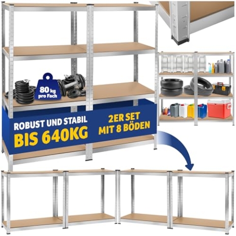 tectake® 2X Werkstattregal, Schwerlastregal, Regalsystem stehend mit 8 Regal Böden, Metall Lagerregal, Kellerregal, Werkstatteinrichtung, Garage, Steckregal, zur Aufbewahrung, Lastenregal - 640 kg