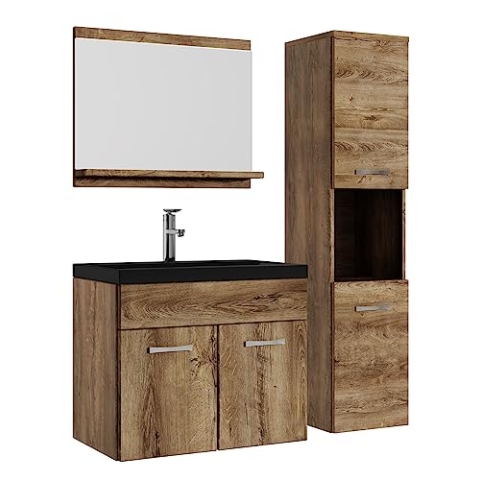 Badplaats B.V. Badezimmer Badmöbel Set Montreal 60cm Waschbecken Schwarz - Braun Eiche Unterschrank - Hochschrank Waschtisch Möbel