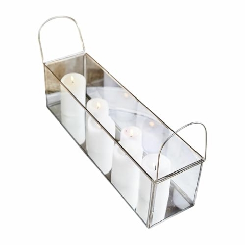 Loberon Windlicht Quinton, filigranes Gestell, vielseitig zu dekorieren, Boden aus Spiegelglas, Wohn-Accessoire, Edelstahl, Glas, klar/Silber