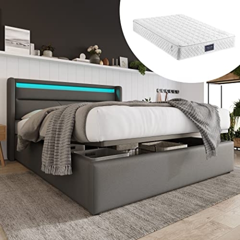 OKYION Boxspringbett Hydraulisches 140 x 200 cm mit LED-Beleuchtung, Polsterbett Doppelbett Stauraumbett mit Bettkasten Stauraum, PU Grau(Mit Matratze)