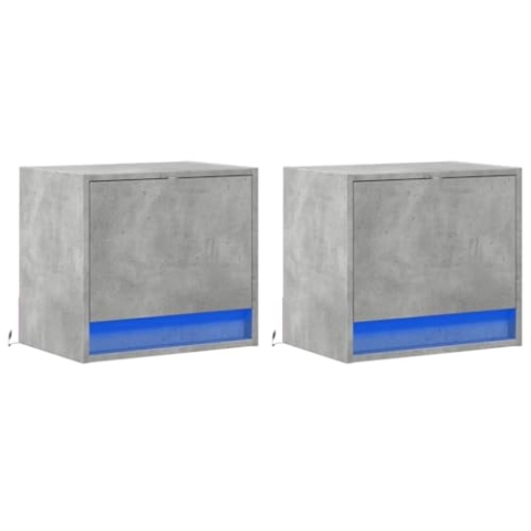 vidaXL Wand Nachttisch, Nachtschrank mit LED-Leuchten Wandmontage, Nachtkommode mit Stauraum Hängend, Nachtkonsole Wandschrank für Schlafzimmer, 2 STK. Betongrau