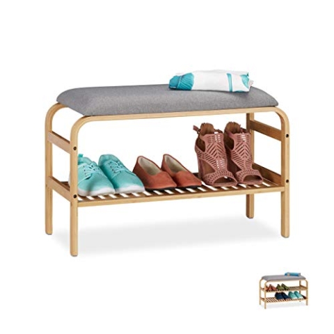 Relaxdays Schuhbank, 3 Paar Schuhe, gepolsterte Sitzfläche, Flur und Garderobe, Schuhaufbewahrung HBT 46x69x30 cm, natur, 1 Stück, 1 Fach