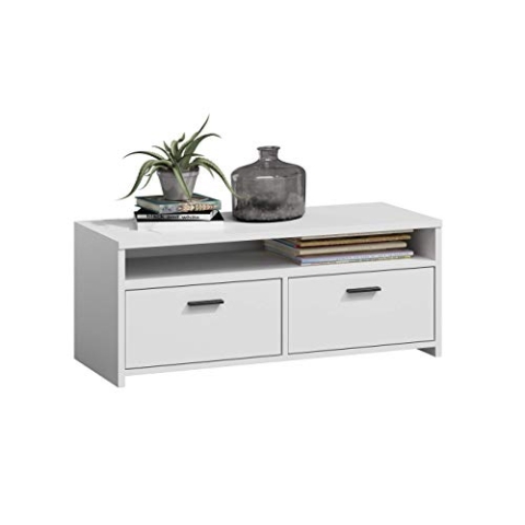MATKAM Fernsehkommode Mili H 44 x B 100 x T 45 cm, laminierte Möbelplatte 18 mm, EIN offenes Regalfach, darunter 2 Ablagen mit Türen Links und rechts, Metallscharniere, satinierte Griffe (Weiß)