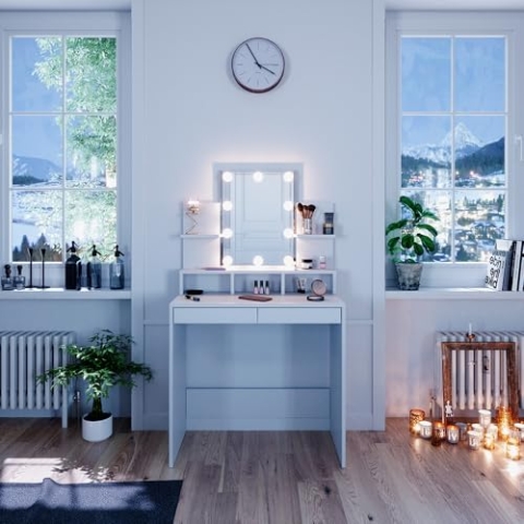 Vicco Schminktisch Ania, Kosmetiktisch mit Spiegel, Weiß, 80 cm mit LED Beleuchtung