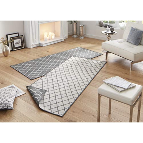 NORTHRUGS In- und Outdoor Teppich Malaga 80x350cm - Wendeteppich Wetterfest Modernes Geometrisches Muster Läufer für Balkon Terrasse Garten Wintergarten Wohnzimmerteppich Wasserfest in Grau Creme