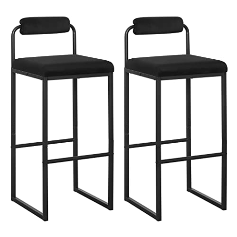 WOLTU 2X Barhocker mit Fußstütze, Hochstuhl mit Rückenlehne, Samthocker mit Polsterung, Polsterhocker aus Metall, ergonomischer Hocker, Schwarz BH343sz-2