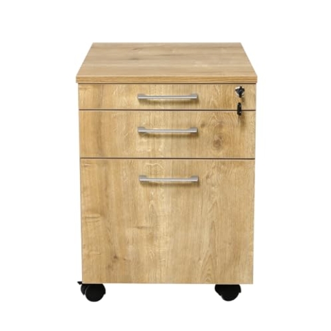 furni24 Rollcontainer, abschließbarer Aktenschrank mit Schubladen, Büroschrank mit Rollen, für Akten und Dokumente, fürs Büro, Schreibtischcontainer Holz, 3 Schübe Eiche, 43x59x57h