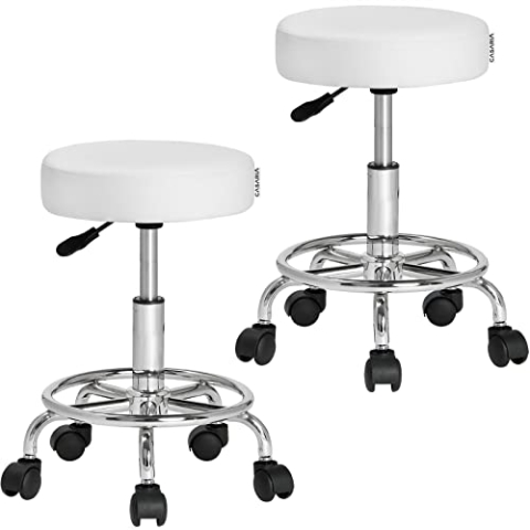 Casaria® Rollhocker 2er Set Höhenverstellbar 10cm Polsterung 51-65cm Sitzhöhe 360° Drehbar Ø35cm Fußstütze Rund Hocker Drehhocker Arbeitshocker Weiß