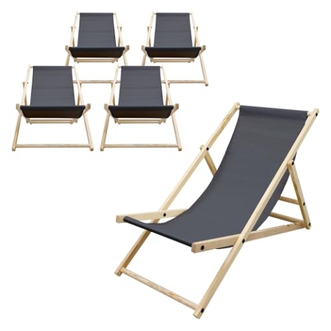 ECD Germany 5er Set Liegestuhl klappbar, Anthrazit, Holz, verstellbare Rückenlehne, 3 Positionen, bis 120kg, Sonnenliege Gartenliege Strandliege Strandstuhl Holzklappstuhl, für Garten, Balkon & Strand