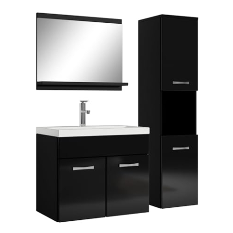 Badplaats B.V. Badezimmer Badmöbel Set Montreal 60cm Waschbecken Hochglanz Schwarz Fronten - Unterschrank Hochschrank Waschtisch Möbel