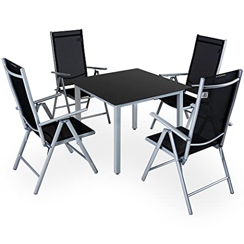 Casaria® Gartenmöbel Set 4 Stühle mit Tisch 90x90cm Aluminium Sicherheitsglas Wetterfest Klappbar Modern Terrasse Balkon Möbel Sitzgruppe Garnitur Bern