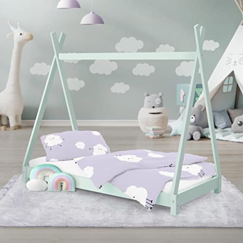 ML-Design Kinderbett Tipi 70 x 140 cm mit Lattenrost, Mint, Kiefernholz, Indianer Bett aus Massivholz, Hausbett für Mädchen und Jungen, Kinderhaus Jugendbett Holzbett Bettenhaus Spielbett Zelt Holz