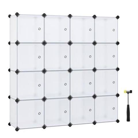 SONGMICS Regalsystem, Schuhregal, Set aus 16 Würfeln, Kleiderschrank aus Kunststoff, mit Türen, Steckregal, Aufbewahrung von Kleidung, Schuhen und Büchern, einfache Montage, weiß LPC44BS