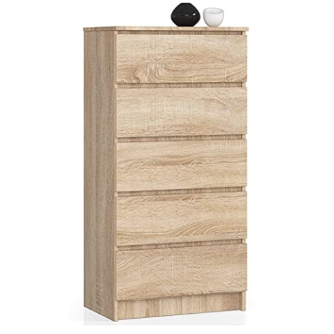 AKORD Kommode K60 mit 5 Schubladen | für das Wohnzimmer Schlafzimmer Schrank Büro Arbeitszimmer | Modernes Funktionales Design | B60 x H121 x T40 cm, Gewicht 39kg | Sonoma Eiche