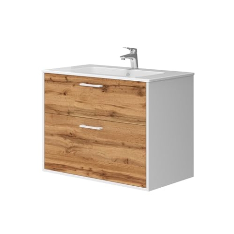 Vicco Badmöbel-Set Lanco, Weiß/Goldkraft Eiche, 80 x 61.5 cm mit Waschbecken