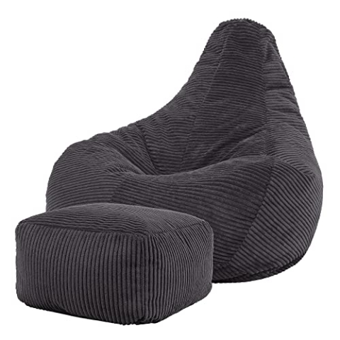 Icon Dalton Sitzsack mit Hocker Cord, Dunkelgrau, Gaming Sitzsack Erwachsene mit Füllung, Bean Bag, Cord Sessel, Lounge Sessel, Lounge Stuhl, Schlafzimmer, Wohnzimmer, Wohnzimmer Möbel