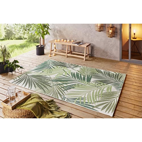 NORTHRUGS In- und Outdoor Teppich 120x170cm - Wetterfest Boho Modern Palmen Blätter Florales Muster Läufer Terrassenteppich Balkonteppich Küchenläufer Badteppich Wohnzimmerteppich Wasserfest in Grün