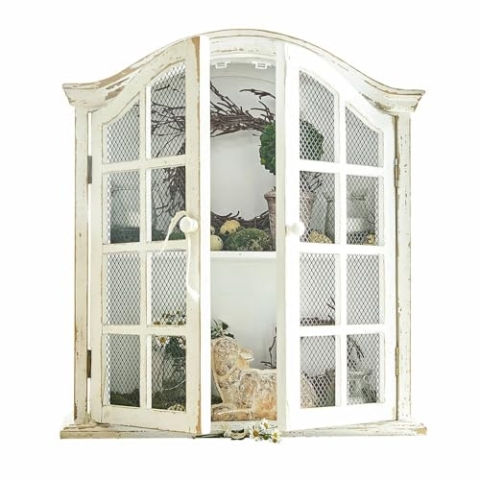 Loberon Wandschrank Monthelie, Elegante Sprossenfenster, charmantes Antik-Finish, historisch anmutende Form, Wohn-Accessoire, Furnierschichtholz, Kiefernholz, Eisen, antikweiß