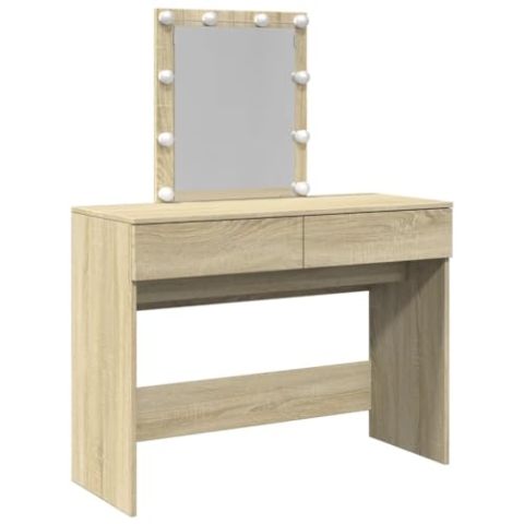 vidaXL Schminktisch, Frisiertisch mit Spiegel LED-Beleuchtung, Kosmetiktisch mit 2 Schubladen, Frisierkommode, Modern, Sonoma-Eiche