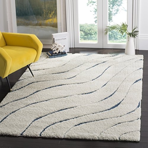 SAFAVIEH Zottelig Teppich für Wohnzimmer, Esszimmer, Schlafzimmer - Florida Shag Collection, Hoher Flor, Creme und Blau, 122 X 183 cm