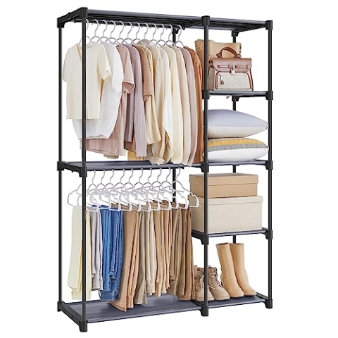 SONGMICS Kleiderschrank offen, Kleiderständer, Kleiderstange, Garderobe, 2 Hängefächer, viel Platz, für Schlafzimmer, Wohnzimmer, 112 x 43 x 165 cm, grau RYG024G02