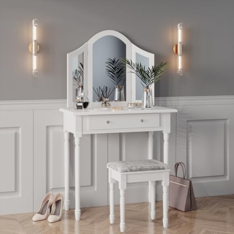 Vicco Schminktisch Kate, Kosmetiktisch mit Spiegel, Weiß, 80 cm mit Hocker