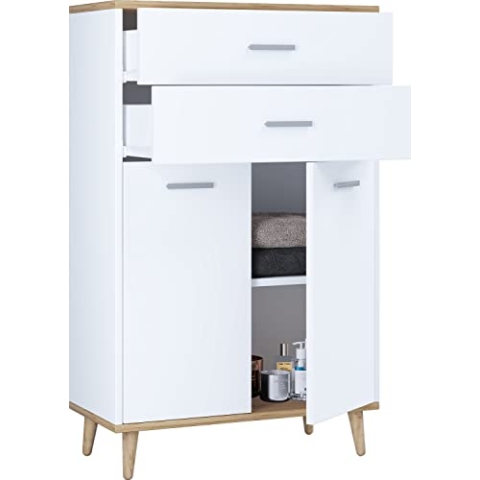 VCM Badmöbel Midischrank | Seitenschrank | Maße: H. 97 x B. 60 x T. 28 cm | 2 Schubladen | 2 Drehtüren | 2 Fächer - Landos Weiß/Honig-Eiche