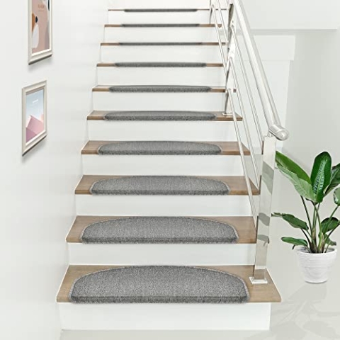 [en.casa] Stufenmatte 15er Set Halbrund 65 x 24 cm Treppenmatte Treppenschoner Treppenschutz Selbstklebend Hellgrau