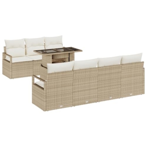 vidaXL 8-teiliges Garten-Sofa-Set mit Kissen Beige Poly-Rattan, 2-Sitzer Garten-Sofa mit Kissen Beige Poly-Rattan
