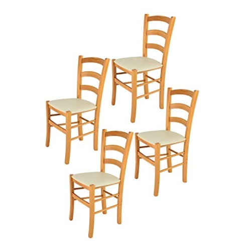 Tommychairs - 4er Set Stühle VENICE für Küche und Esszimmer, Robuste Struktur aus lackiertem Buchenholz im Farbton Honig und gepolsterte Sitzfläche mit Kunstleder in der Farbe Elfenbein bezogen