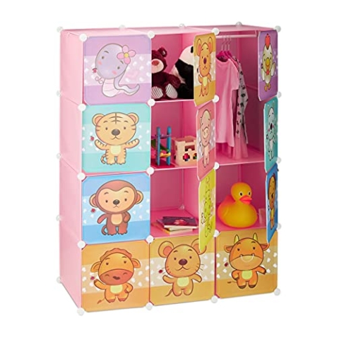 Relaxdays Steckregal Kinderzimmer, Tiermotive, Mädchen, Türen, Kleiderstangen, Kunststoff Kleiderschrank 145x110cm, rosa
