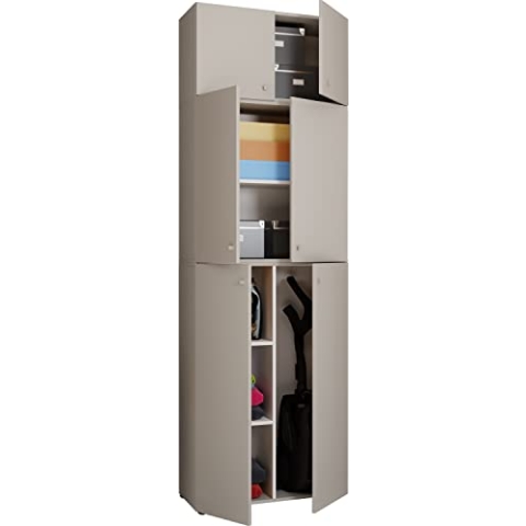 VCM Holz Besenschrank | 6 Fächer | Maße: H. 223 x B. 70 x T. 39 cm | Haushaltsschrank | Mehrzweckschrank | Aufsatz mit Zwei Türen - Lona Grau