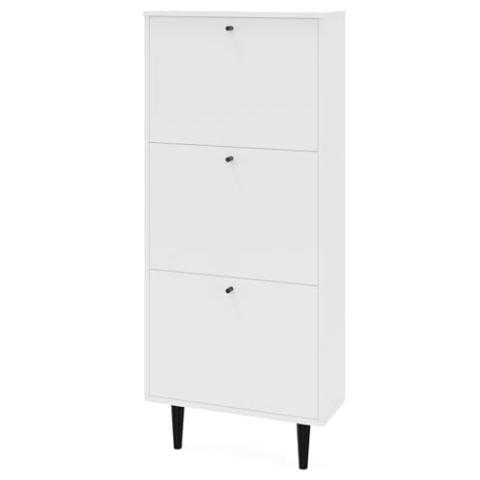 MATKAM Dotti 530 Schuhschrank in moderner Skandi-Optik, Ausklappbare Schuhablage, zusätzlicher Stauraum mit Einer Klapptür, Mit Zwei verjüngenden Beinen, Wandmontage (Weiß)