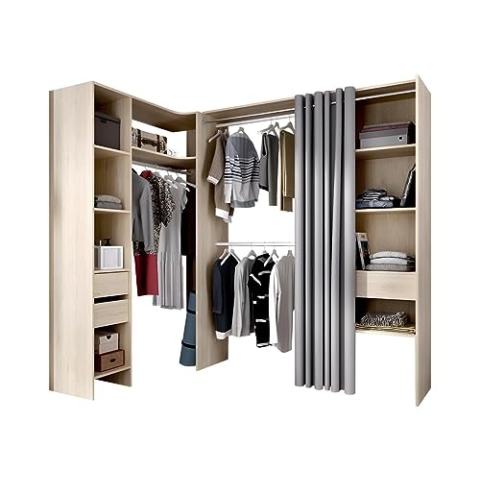 Vente-unique-Eckkleiderschrank Kleiderschranksystem - B. 164/214 cm - Eichefarben & Grau - GONTRAN