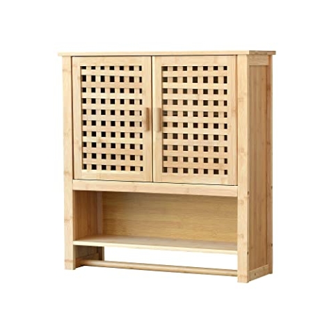 [en.casa] Badezimmerschrank Borlänge Bambus Wandschrank Hängeschrank mit Handtuchhalter Badschrank 3 Ablagen, 2 Türen stehend 66 x 62 x 20 cm